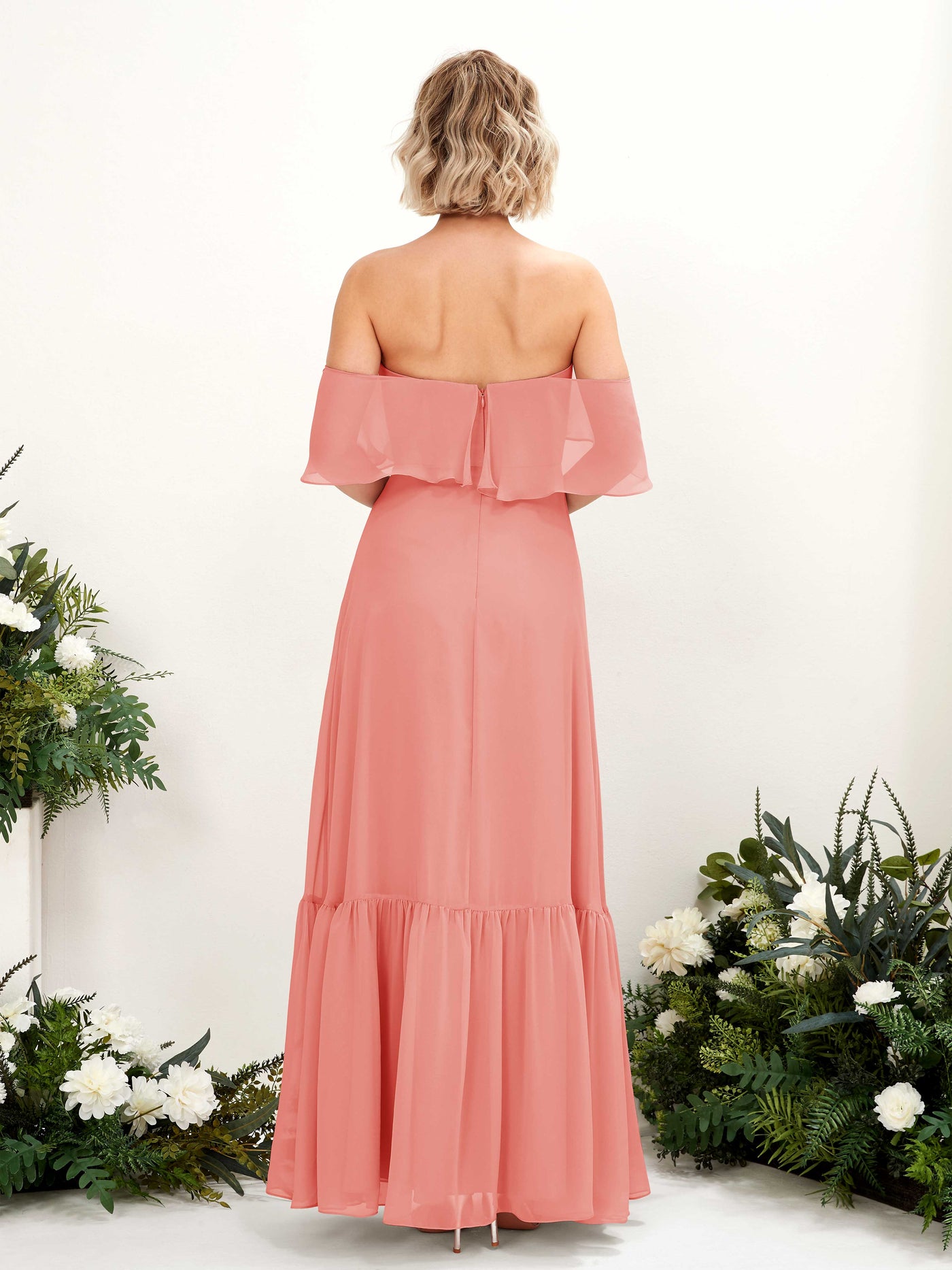 A-line Off Shoulder Chiffon Bridesmaid Dress - Peach Pink (81224529)#color_peach-pink