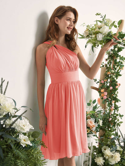 Carlyna Echo A-Line Peach Pink Bridesmaid Dress Knee-Length Sleeveless One Shoulder Dress Side View 2 #color_peach-pink