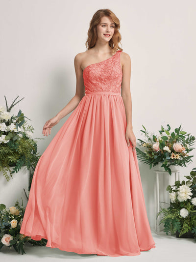 Carlyna Bonita A-Line Peach Pink Embroidered Bridesmaid Dress Maxi Sleeveless One Shoulder Dress Front View #color_peach-pink