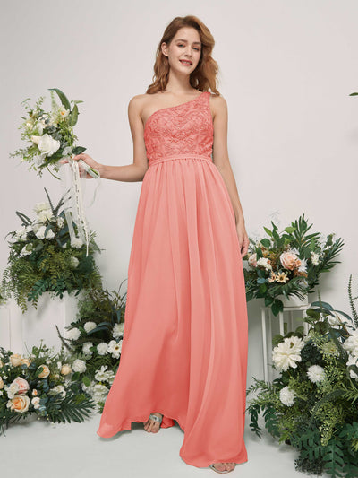 Carlyna Bonita A-Line Peach Pink Embroidered Bridesmaid Dress Maxi Sleeveless One Shoulder Dress Side View 2 #color_peach-pink