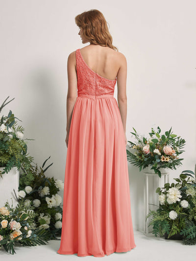 Carlyna Bonita A-Line Peach Pink Embroidered Bridesmaid Dress Maxi Sleeveless One Shoulder Dress Back View #color_peach-pink