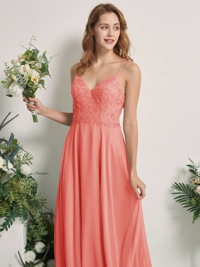 Carlyna Gail A-Line Peach Pink Beaded Bridesmaid Dress Maxi Sleeveless V-Neck Dress Side View 2 #color_peach-pink