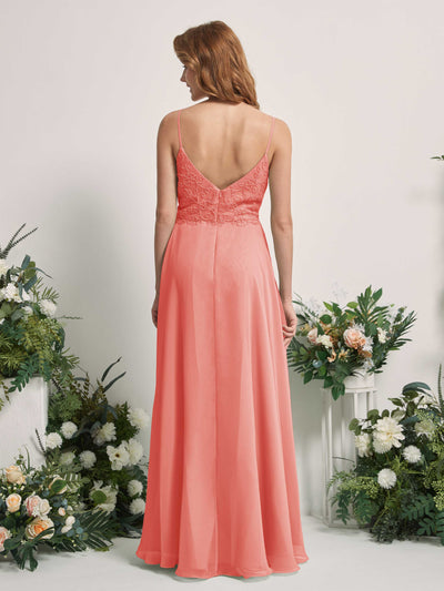 Carlyna Gail A-Line Peach Pink Beaded Bridesmaid Dress Maxi Sleeveless V-Neck Dress Back View #color_peach-pink