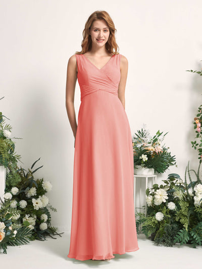Carlyna June A-Line Peach Pink Bridesmaid Dress Maxi Sleeveless V-Neck Dress #color_peach-pink