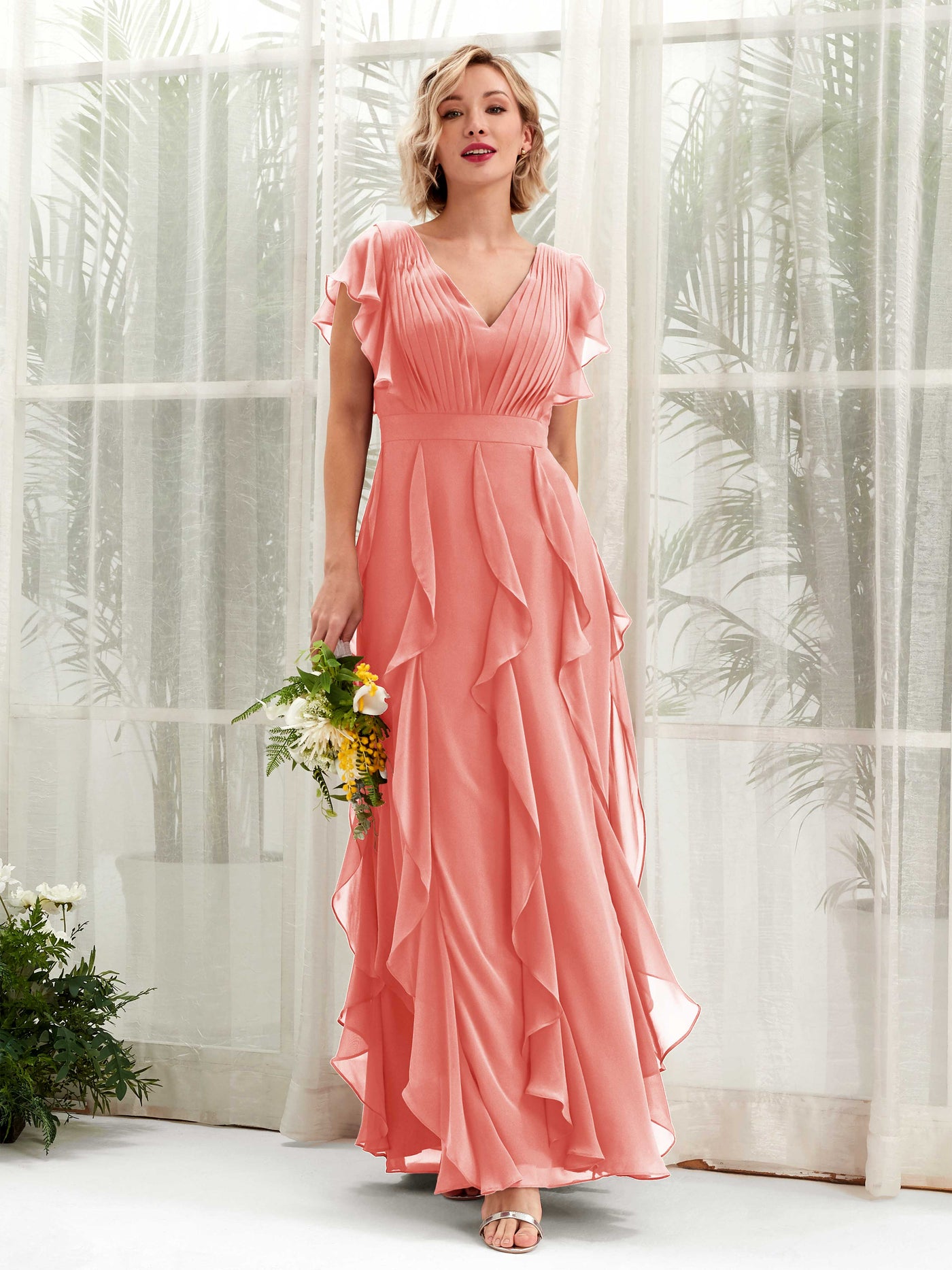 A-line V-neck Short Sleeves Chiffon Bridesmaid Dress - Peach Pink (81226029)#color_peach-pink