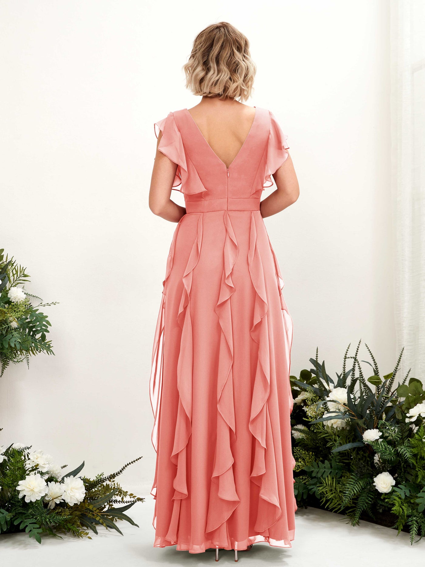 A-line V-neck Short Sleeves Chiffon Bridesmaid Dress - Peach Pink (81226029)#color_peach-pink