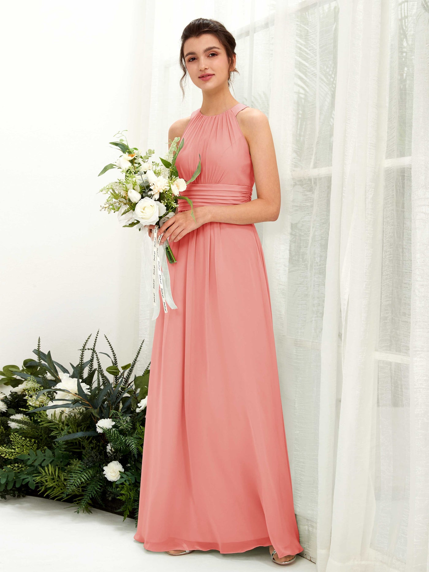 A-line Round Sleeveless Chiffon Bridesmaid Dress - Peach Pink (81221529)#color_peach-pink