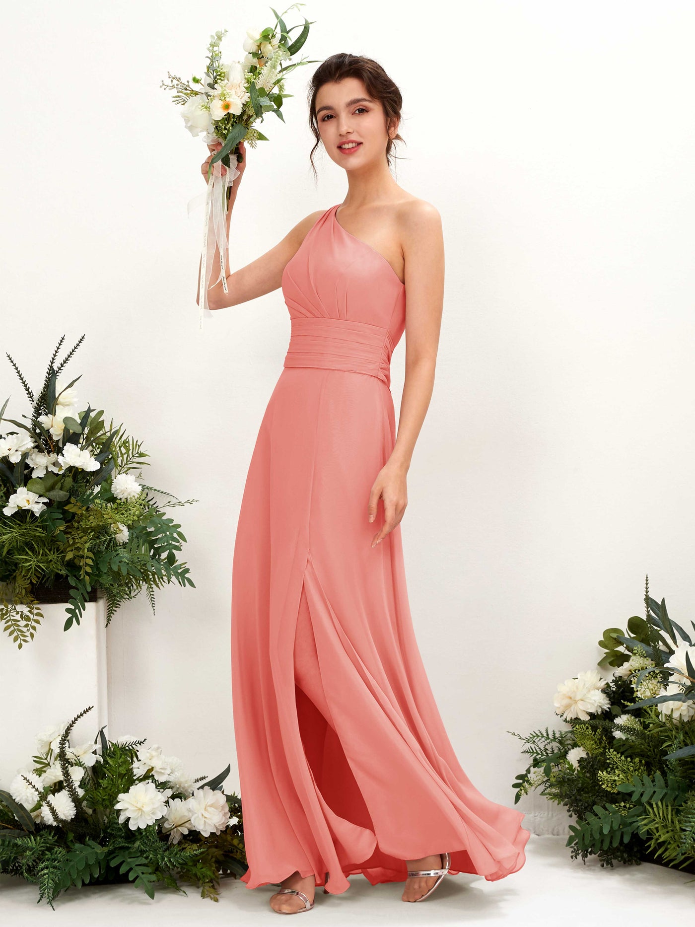 A-line One Shoulder Sleeveless Bridesmaid Dress - Peach Pink (81224729)#color_peach-pink