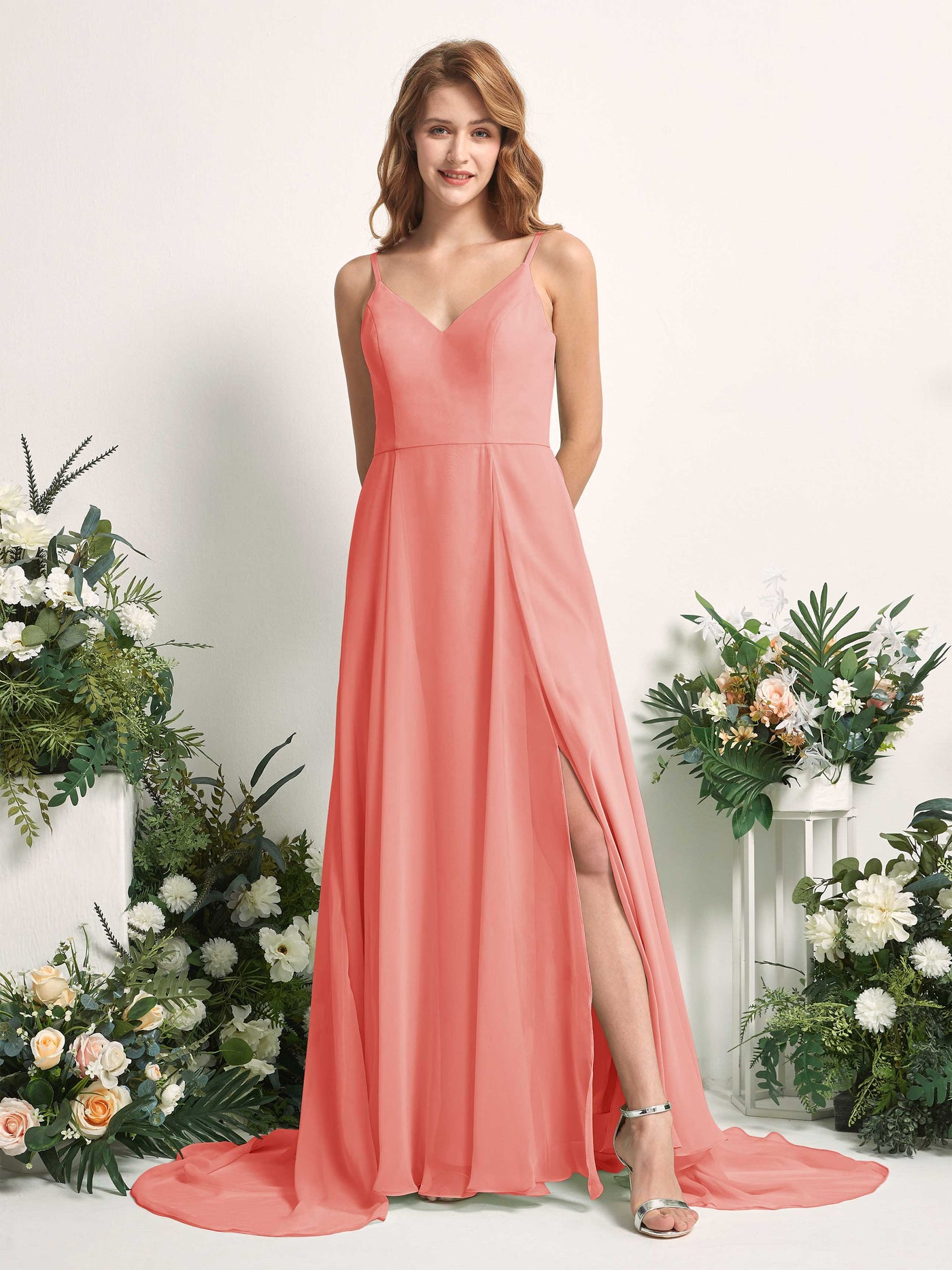 Bridesmaid Dress A-line Chiffon Spaghetti-straps Full Length Sleeveless Wedding Party Dress - Peach Pink (81227729)#color_peach-pink