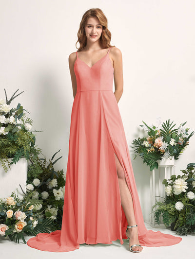 Carlyna Marcia A-Line Peach Pink Bridesmaid Dress Maxi Sleeveless V-Neck Dress #color_peach-pink