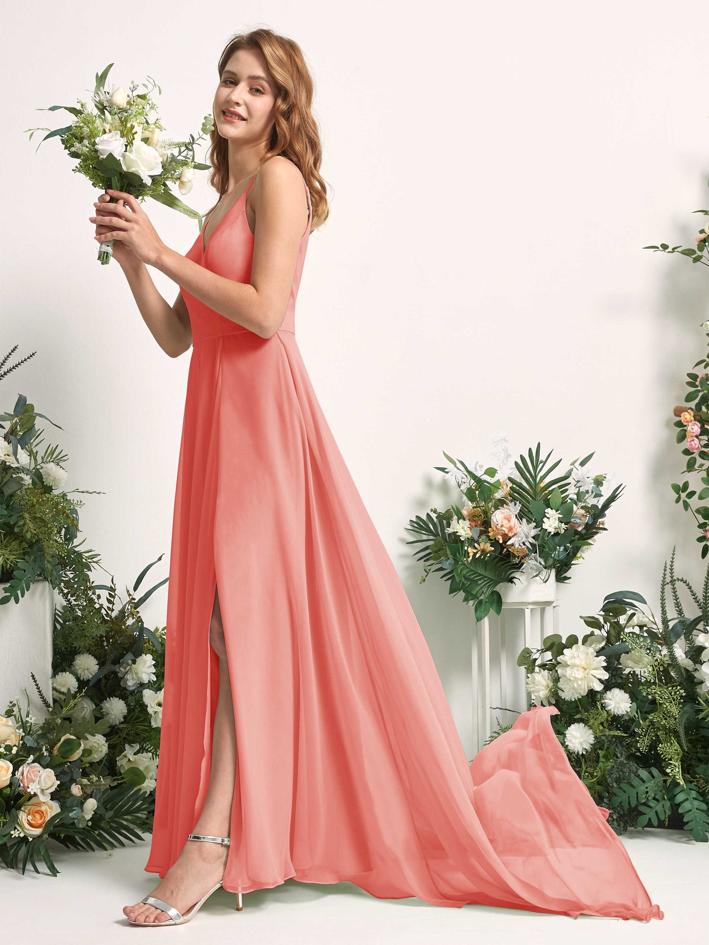 Bridesmaid Dress A-line Chiffon Spaghetti-straps Full Length Sleeveless Wedding Party Dress - Peach Pink (81227729)#color_peach-pink