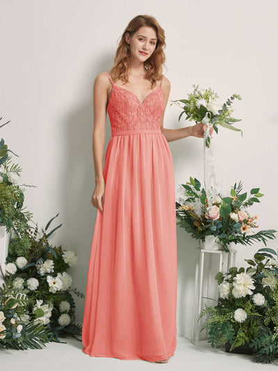 Carlyna Alexandra A-Line Peach Pink Beaded Bridesmaid Dress Maxi Sleeveless V-Neck Dress Front View #color_peach-pink
