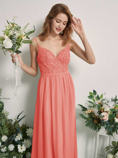Carlyna Alexandra A-Line Peach Pink Beaded Bridesmaid Dress Maxi Sleeveless V-Neck Dress Side View 2 #color_peach-pink