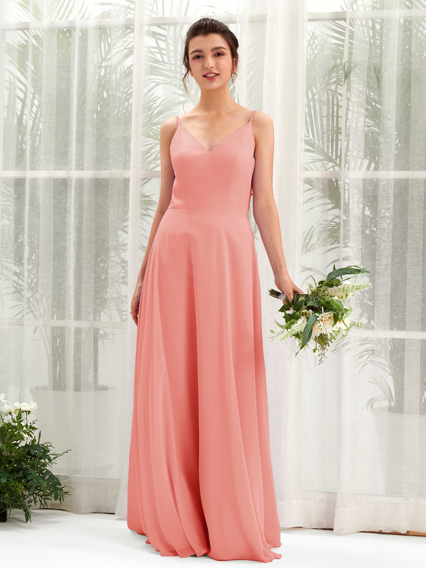 A-line Spaghetti-straps V-neck Sleeveless Chiffon Bridesmaid Dress - Peach Pink (81220629)#color_peach-pink