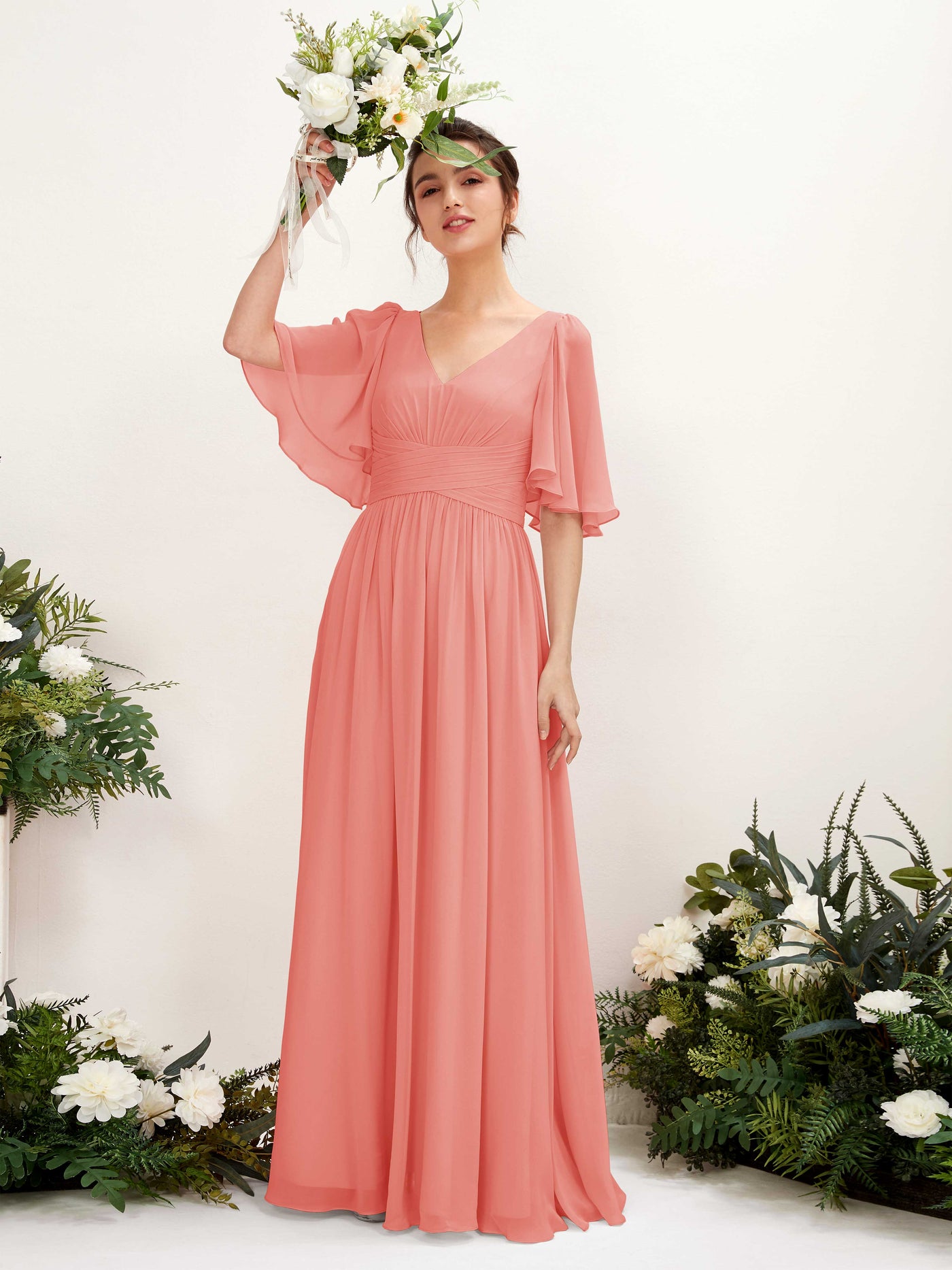 A-line V-neck 1/2 Sleeves Chiffon Bridesmaid Dress - Peach Pink (81221629)#color_peach-pink