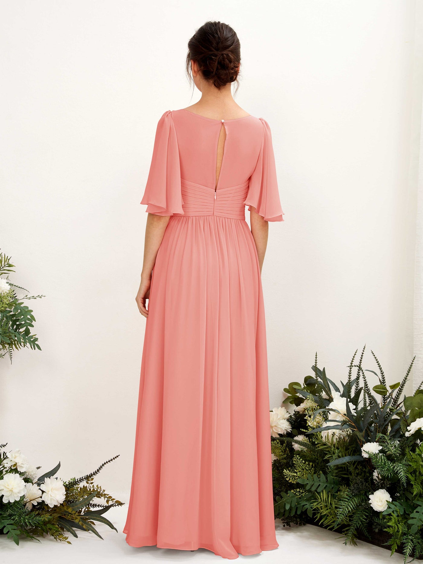 A-line V-neck 1/2 Sleeves Chiffon Bridesmaid Dress - Peach Pink (81221629)#color_peach-pink