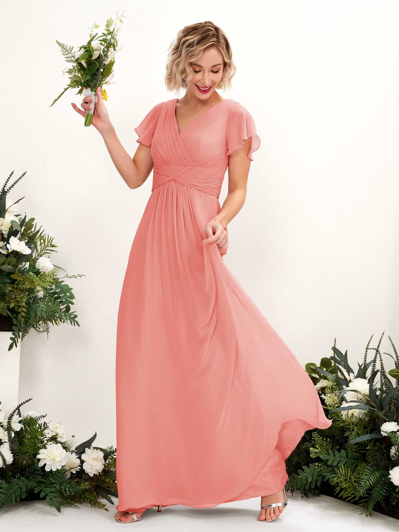 A-line V-neck Cap Sleeves Chiffon Bridesmaid Dress - Peach Pink (81224329)#color_peach-pink