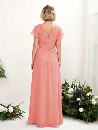 Carlyna Tolly A-Line Peach Pink Bridesmaid Dress Maxi Cap Sleeve V-Neck Dress #color_peach-pink