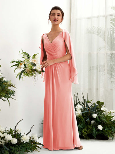 Carlyna Alain A-Line Peach Pink Bridesmaid Dress Maxi Cap Sleeve V-Neck Dress Front View #color_peach-pink