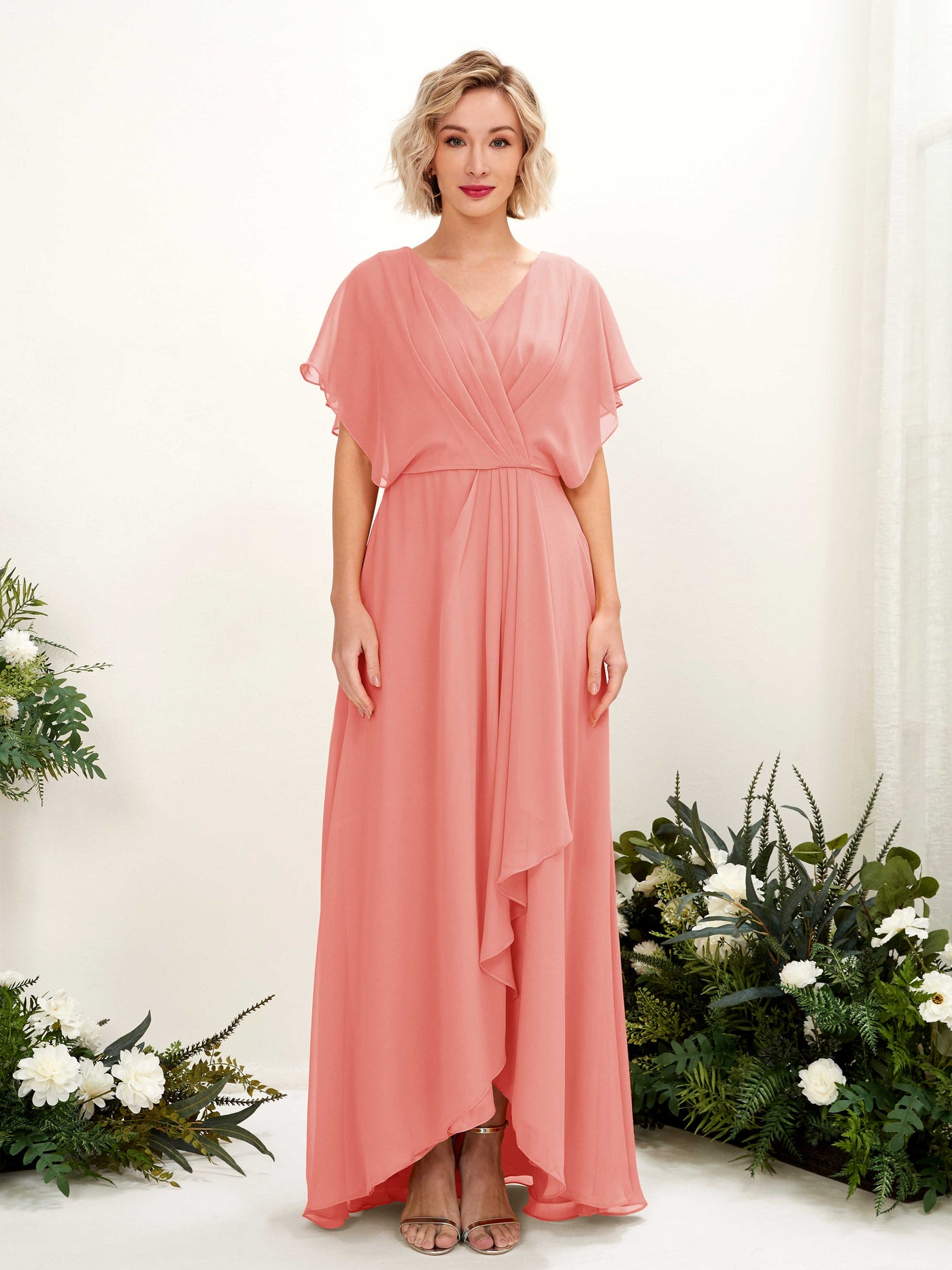 A-line V-neck Short Sleeves Chiffon Bridesmaid Dress - Peach Pink (81222129)#color_peach-pink