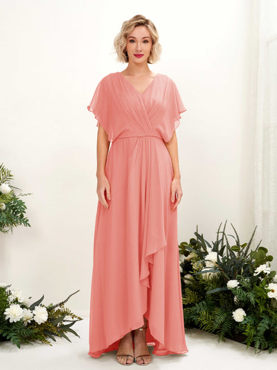 Carlyna Soleil A-Line Peach Pink Bridesmaid Dress Maxi Short Sleeve V-Neck Dress #color_peach-pink