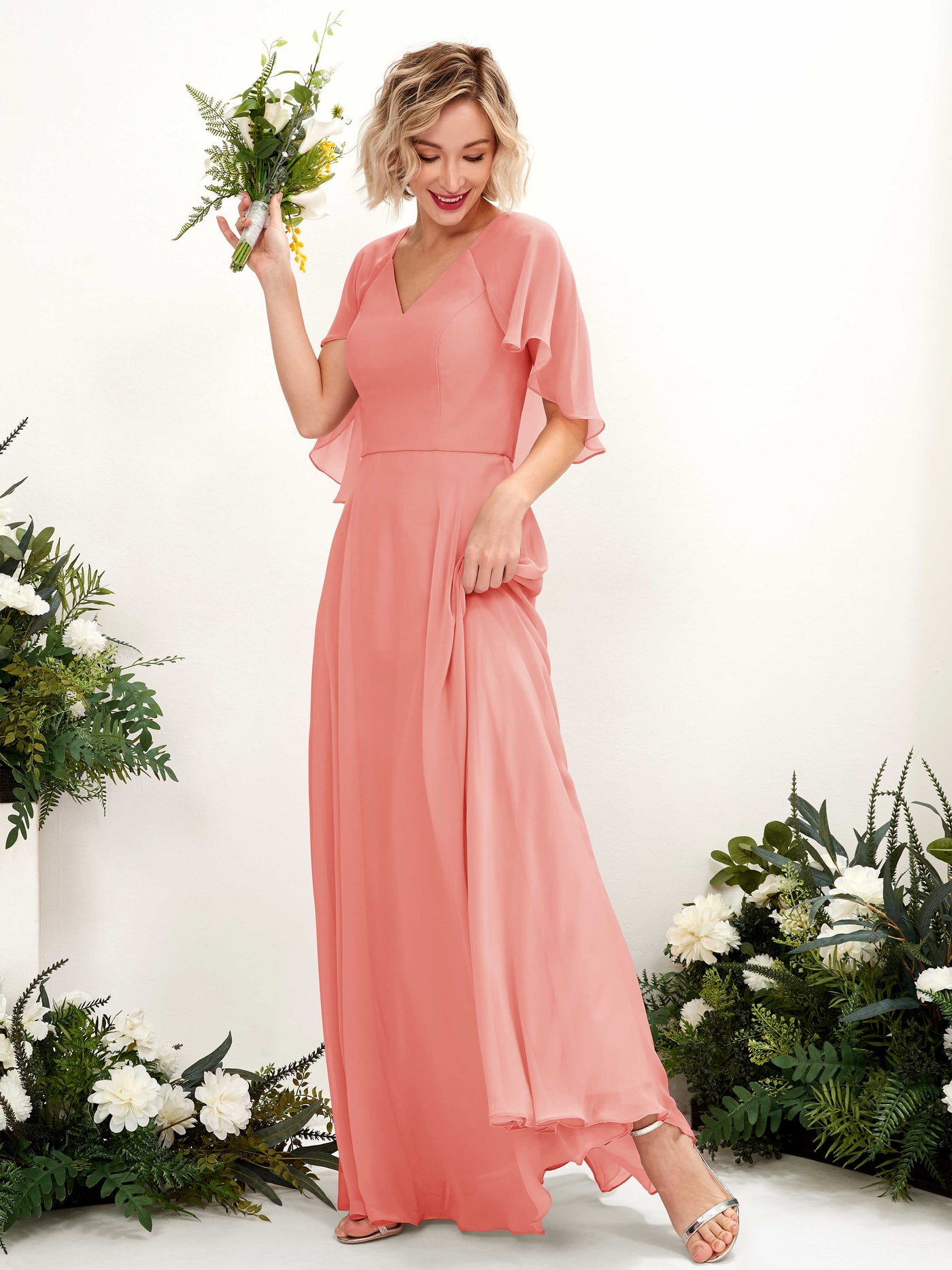 A-line V-neck Short Sleeves Chiffon Bridesmaid Dress - Peach Pink (81224429)#color_peach-pink