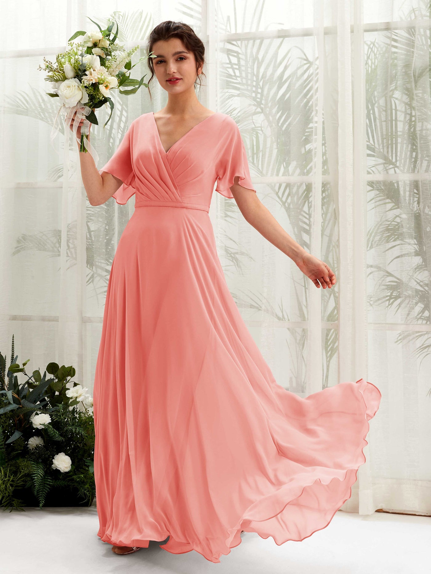 A-line V-neck Short Sleeves Chiffon Bridesmaid Dress - Peach Pink (81224629)#color_peach-pink