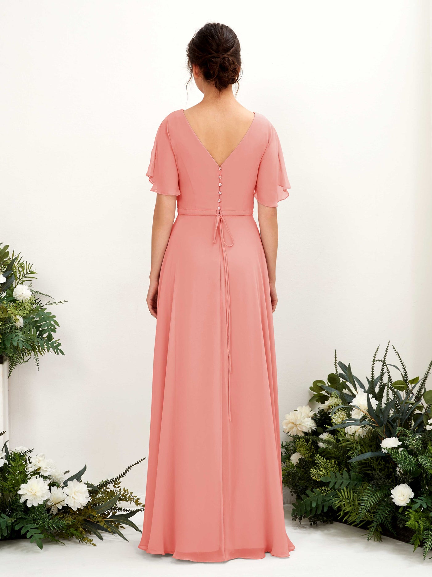 A-line V-neck Short Sleeves Chiffon Bridesmaid Dress - Peach Pink (81224629)#color_peach-pink