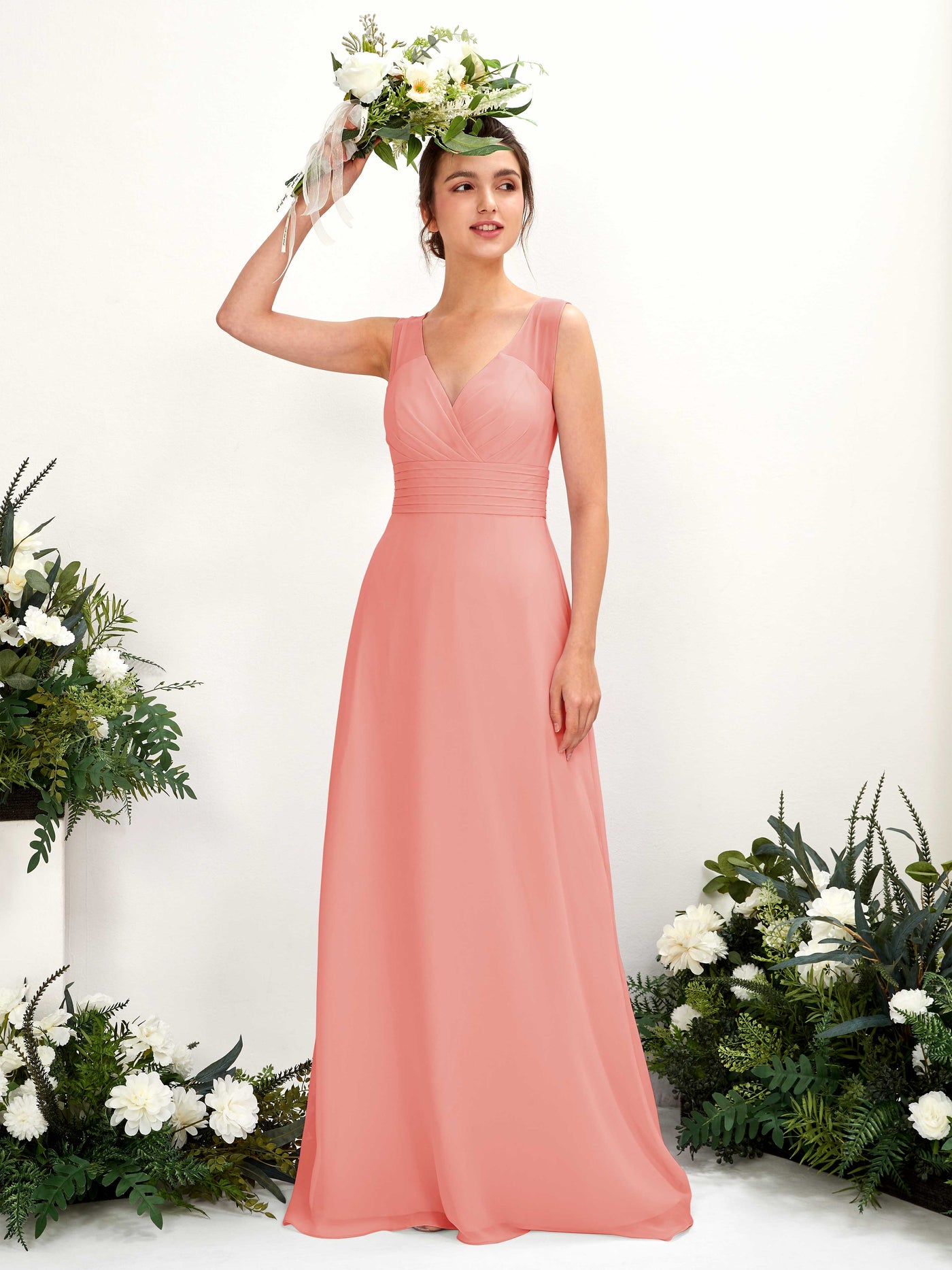 A-line V-neck Sleeveless Chiffon Bridesmaid Dress - Peach Pink (81220929)#color_peach-pink