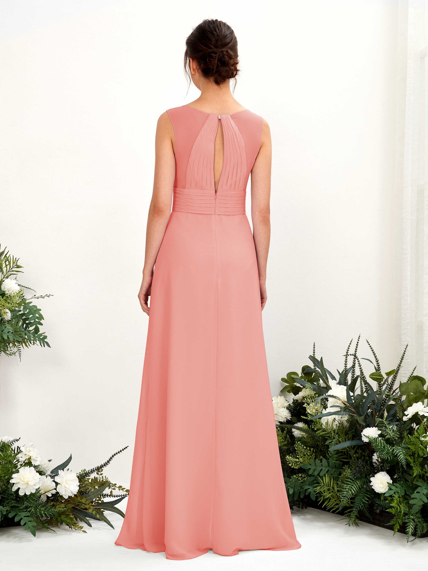 A-line V-neck Sleeveless Chiffon Bridesmaid Dress - Peach Pink (81220929)#color_peach-pink