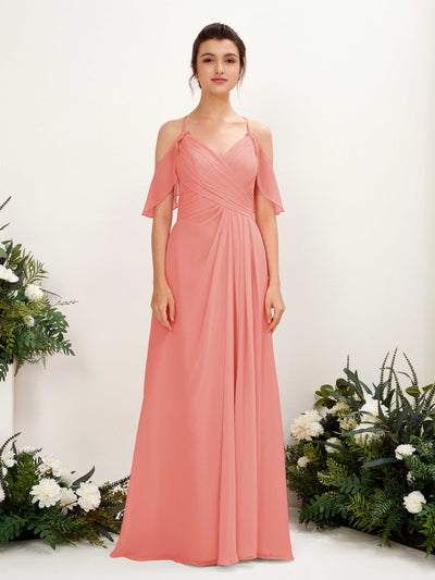 Carlyna Orlane A-Line Peach Pink Bridesmaid Dress Maxi Sleeveless V-Neck Dress #color_peach-pink