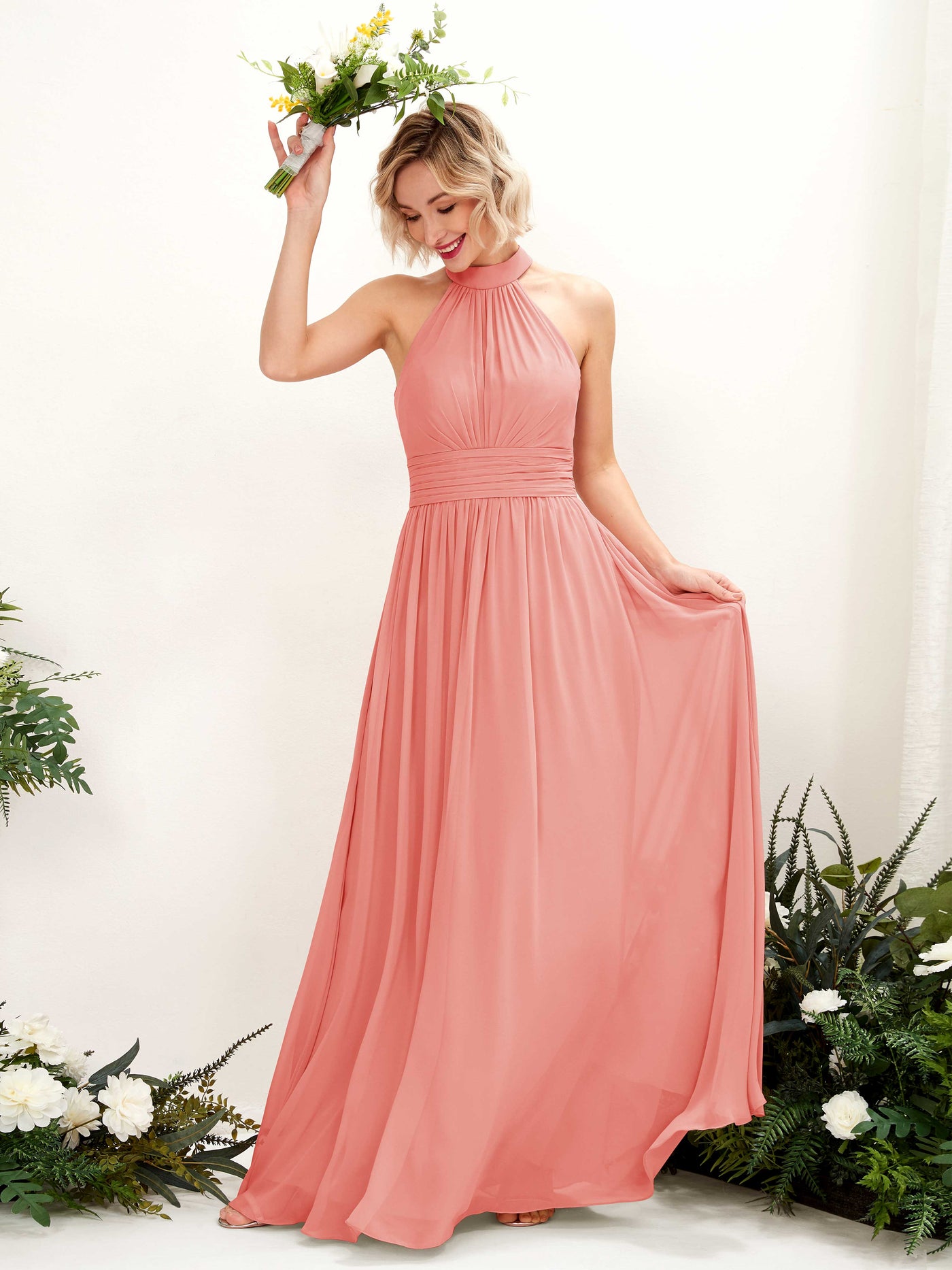 Ball Gown Halter Sleeveless Chiffon Bridesmaid Dress - Peach Pink (81225329)#color_peach-pink