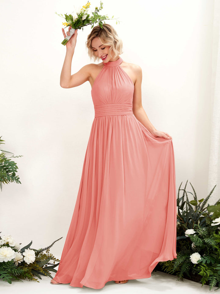 Ball Gown Halter Sleeveless Chiffon Bridesmaid Dress - Peach Pink (81225329)