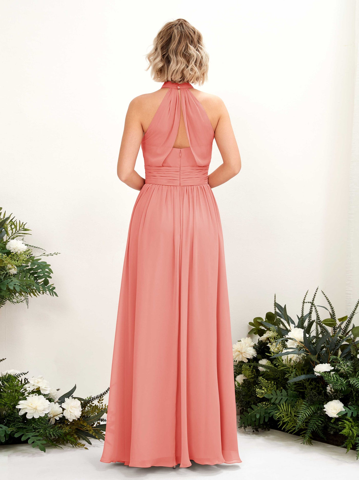 Ball Gown Halter Sleeveless Chiffon Bridesmaid Dress - Peach Pink (81225329)#color_peach-pink