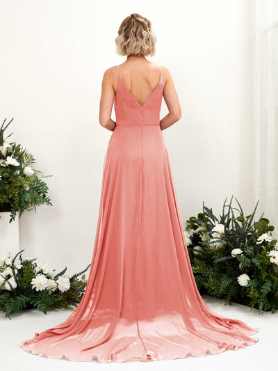 Carlyna Mana A-Line Peach Pink Bridesmaid Dress Maxi Sleeveless V-Neck Dress #color_peach-pink