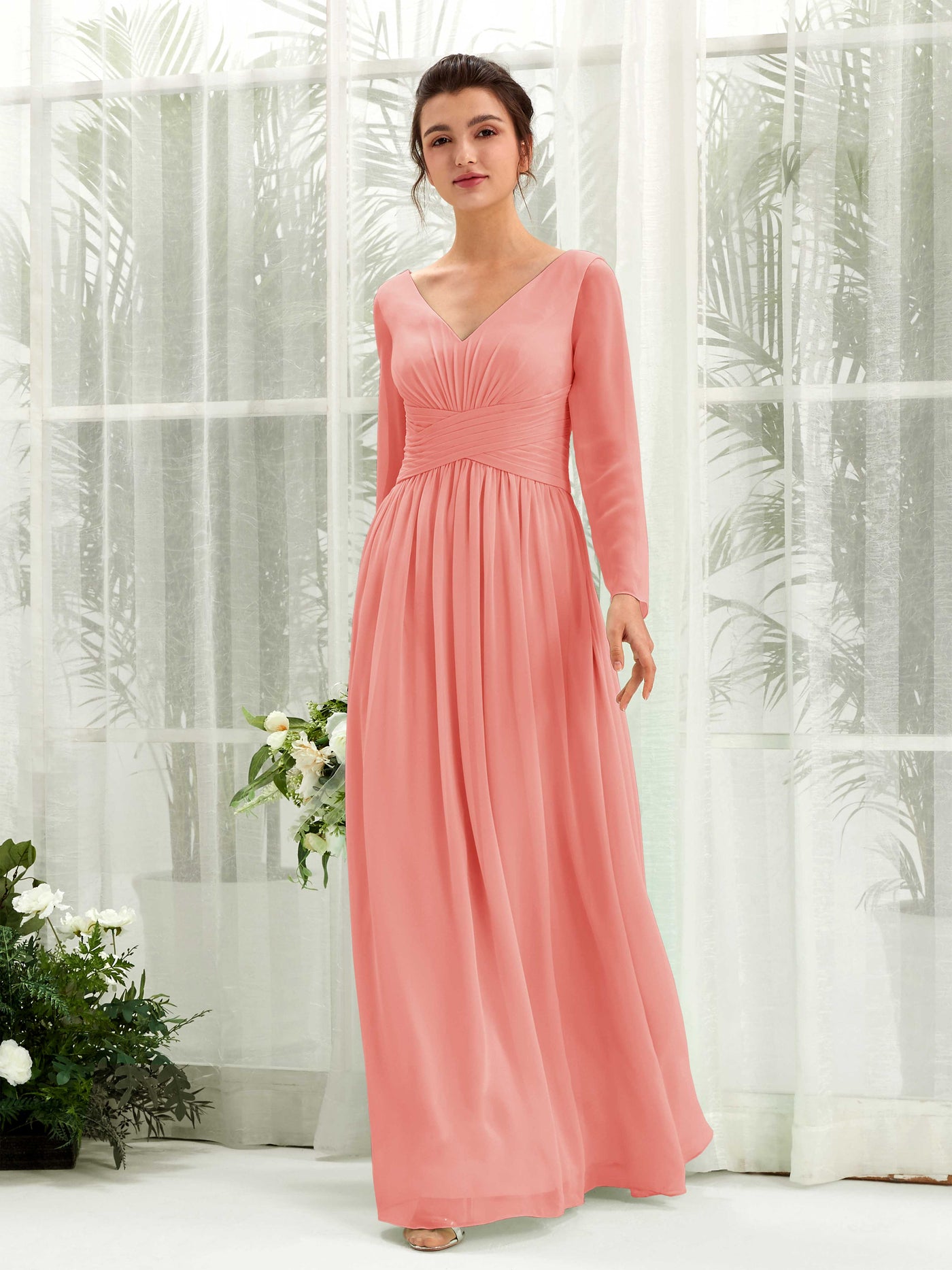 Ball Gown V-neck Long Sleeves Chiffon Bridesmaid Dress - Peach Pink (81220329)#color_peach-pink