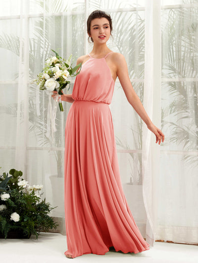 Carlyna Alva A-Line Peach Pink Bridesmaid Dress Maxi Sleeveless Halter Dress Front View #color_peach-pink
