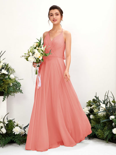 Carlyna Launo A-Line Peach Pink Bridesmaid Dress Maxi Sleeveless V-Neck Dress #color_peach-pink