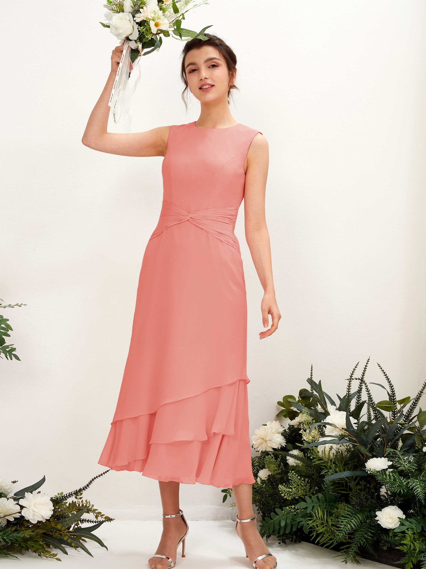 Mermaid/Trumpet Round Sleeveless Chiffon Bridesmaid Dress - Peach Pink (81221929)#color_peach-pink