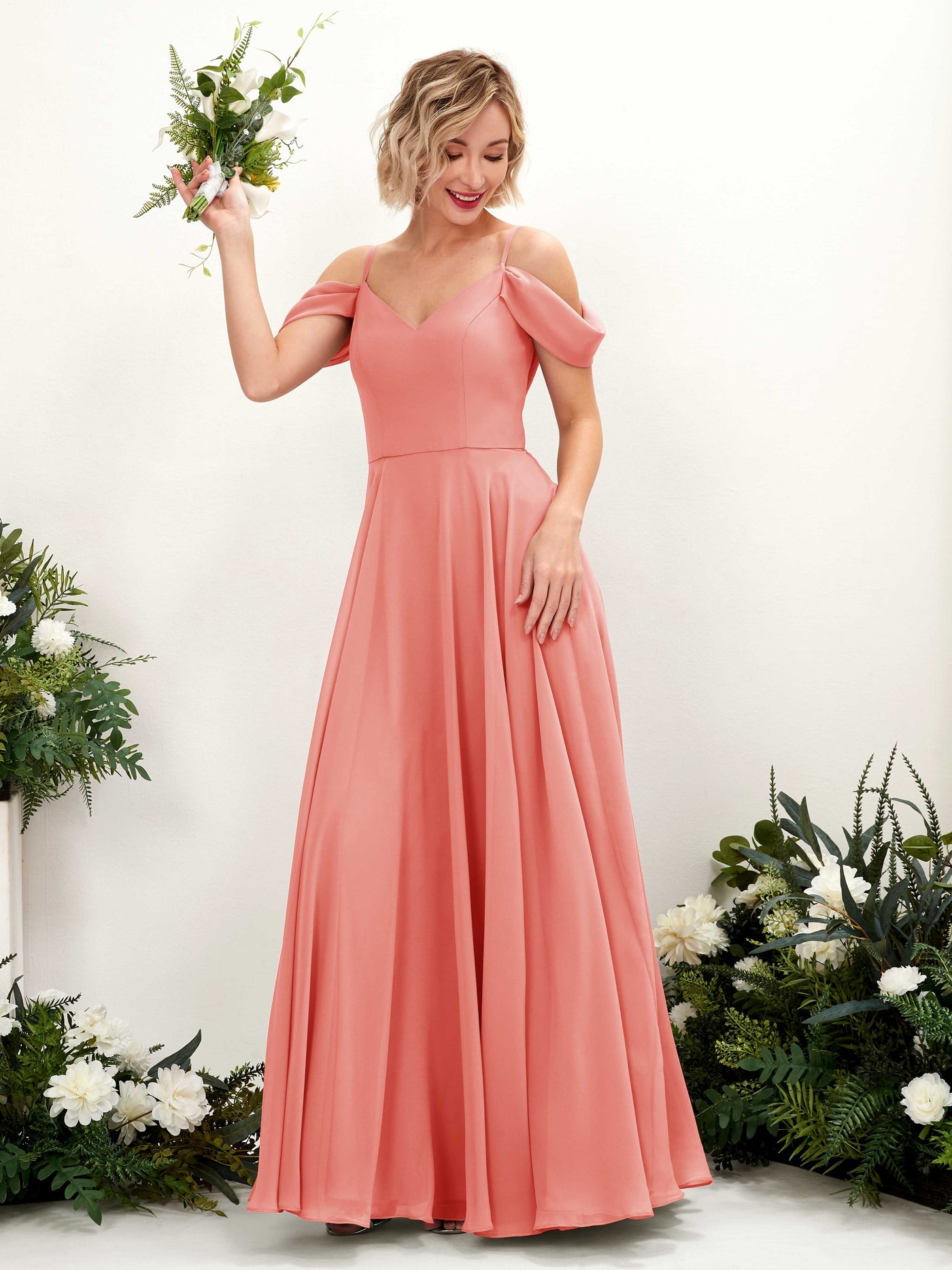 Off Shoulder Straps V-neck Sleeveless Chiffon Bridesmaid Dress - Peach Pink (81224929)#color_peach-pink