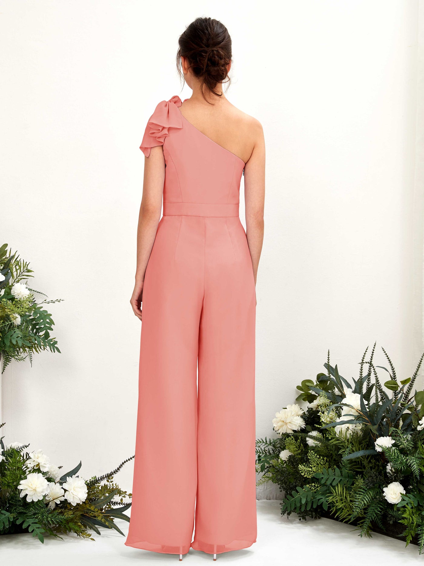 One Shoulder Sleeveless Chiffon Bridesmaid Wide-Leg Jumpsuit - Peach Pink (81220829)#color_peach-pink