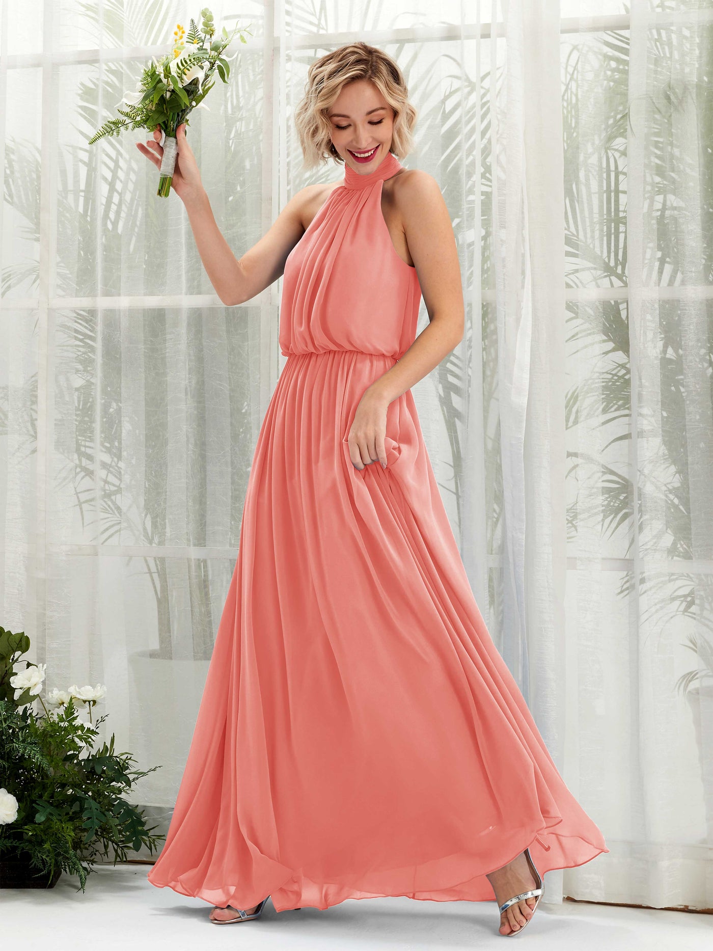 Halter Sleeveless Chiffon Bridesmaid Dress - Peach Pink (81222929)#color_peach-pink
