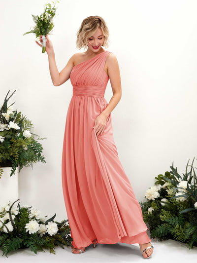 Carlyna Flaze A-Line Peach Pink Bridesmaid Dress Maxi Sleeveless One Shoulder Dress Front View #color_peach-pink
