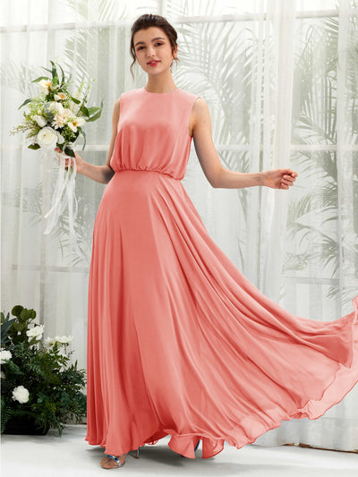 Carlyna Alma A-Line Peach Pink Bridesmaid Dress Maxi Sleeveless Round Neck Dress Front View #color_peach-pink