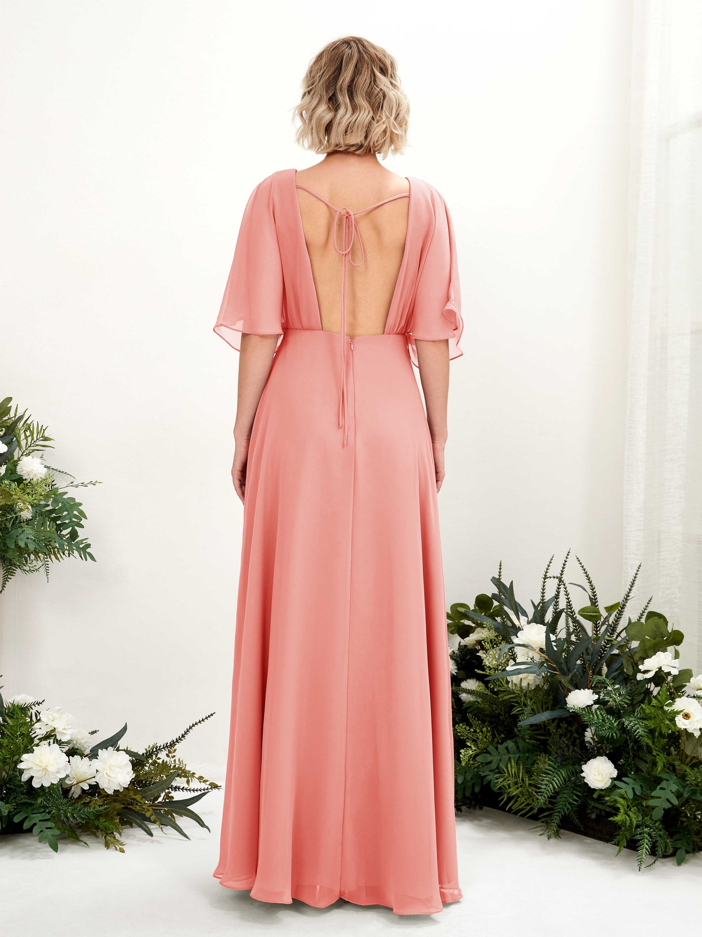 V-neck 1/2 Sleeves Chiffon Bridesmaid Dress - Peach Pink (81225129)#color_peach-pink