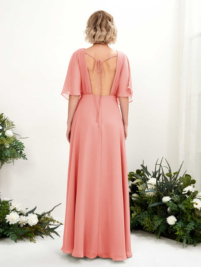Carlyna Dhea A-Line Peach Pink Bridesmaid Dress Maxi Short Sleeve V-Neck Dress Back View #color_peach-pink