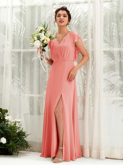Carlyna Annie A-Line Peach Pink Bridesmaid Dress Maxi Cap Sleeve V-Neck Dress Front View #color_peach-pink