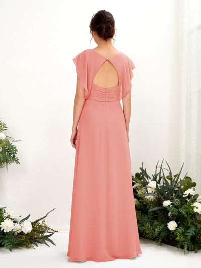 Carlyna Annie A-Line Peach Pink Bridesmaid Dress Maxi Cap Sleeve V-Neck Dress Back View #color_peach-pink