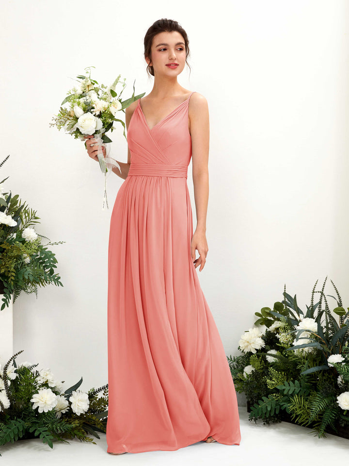 Spaghetti-straps V-neck Sleeveless Bridesmaid Dress - Peach Pink (81223929)