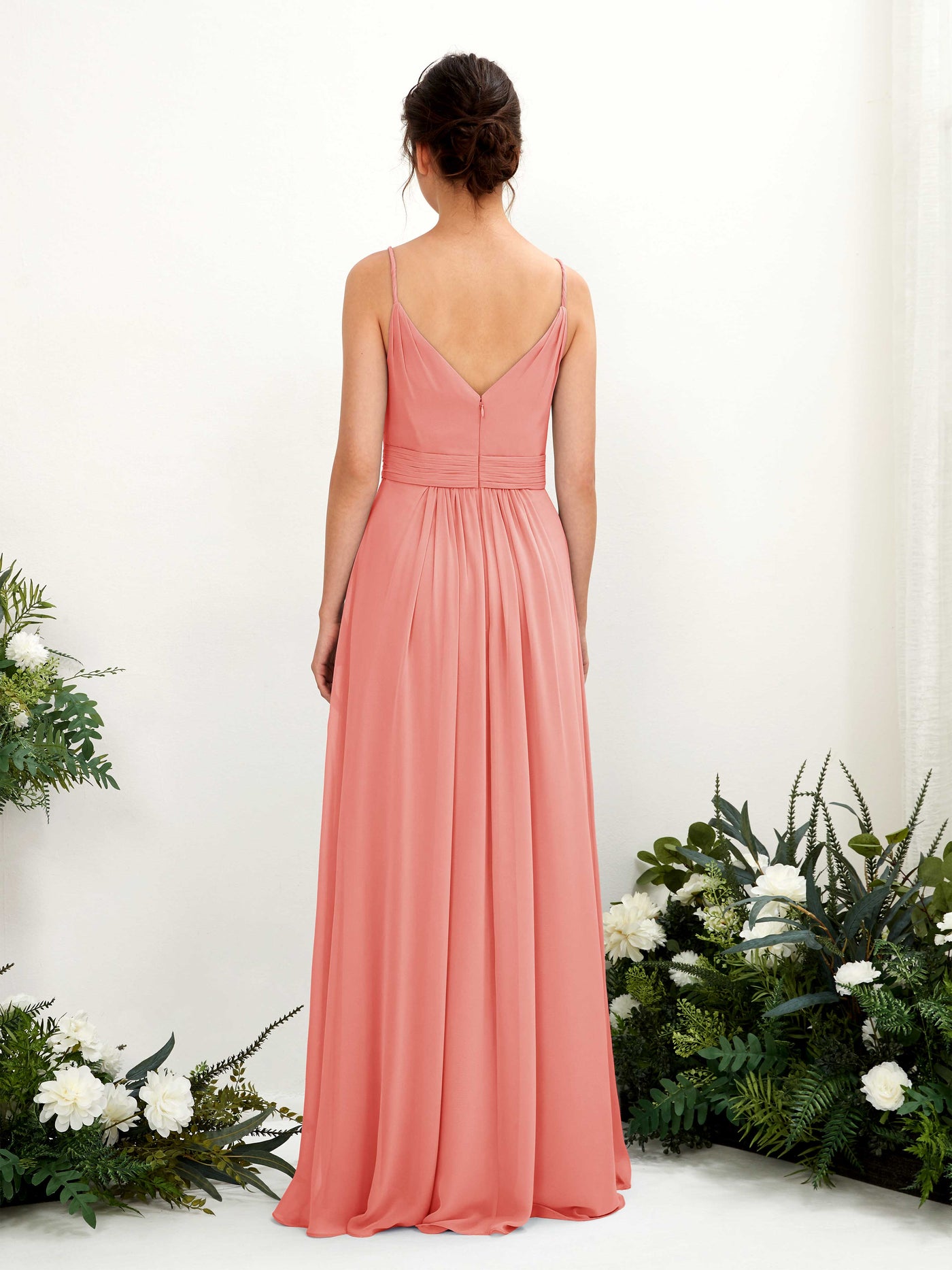 Spaghetti-straps V-neck Sleeveless Bridesmaid Dress - Peach Pink (81223929)#color_peach-pink
